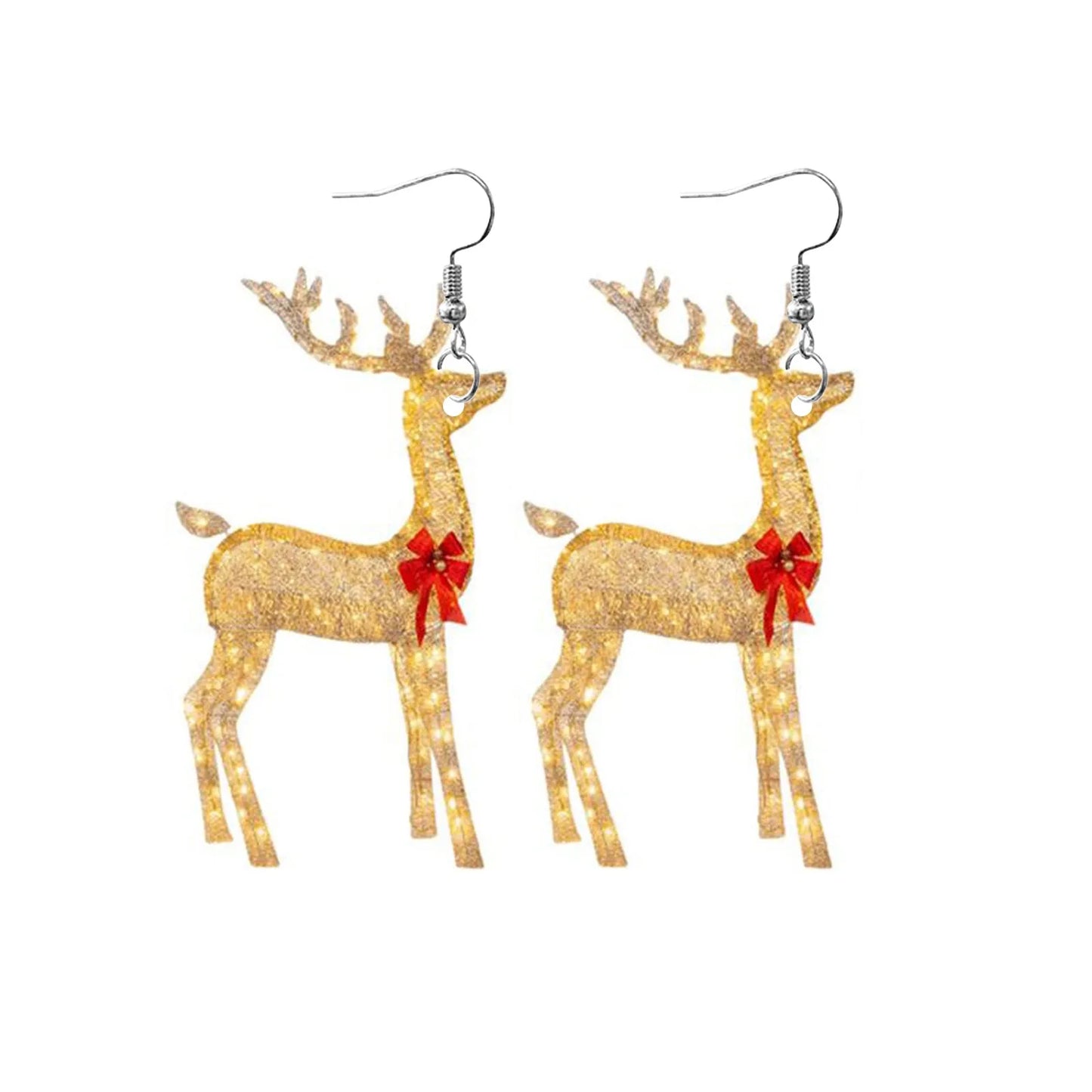 Golden reindeer-shaped earrings with red bows, featuring intricate glitter details.