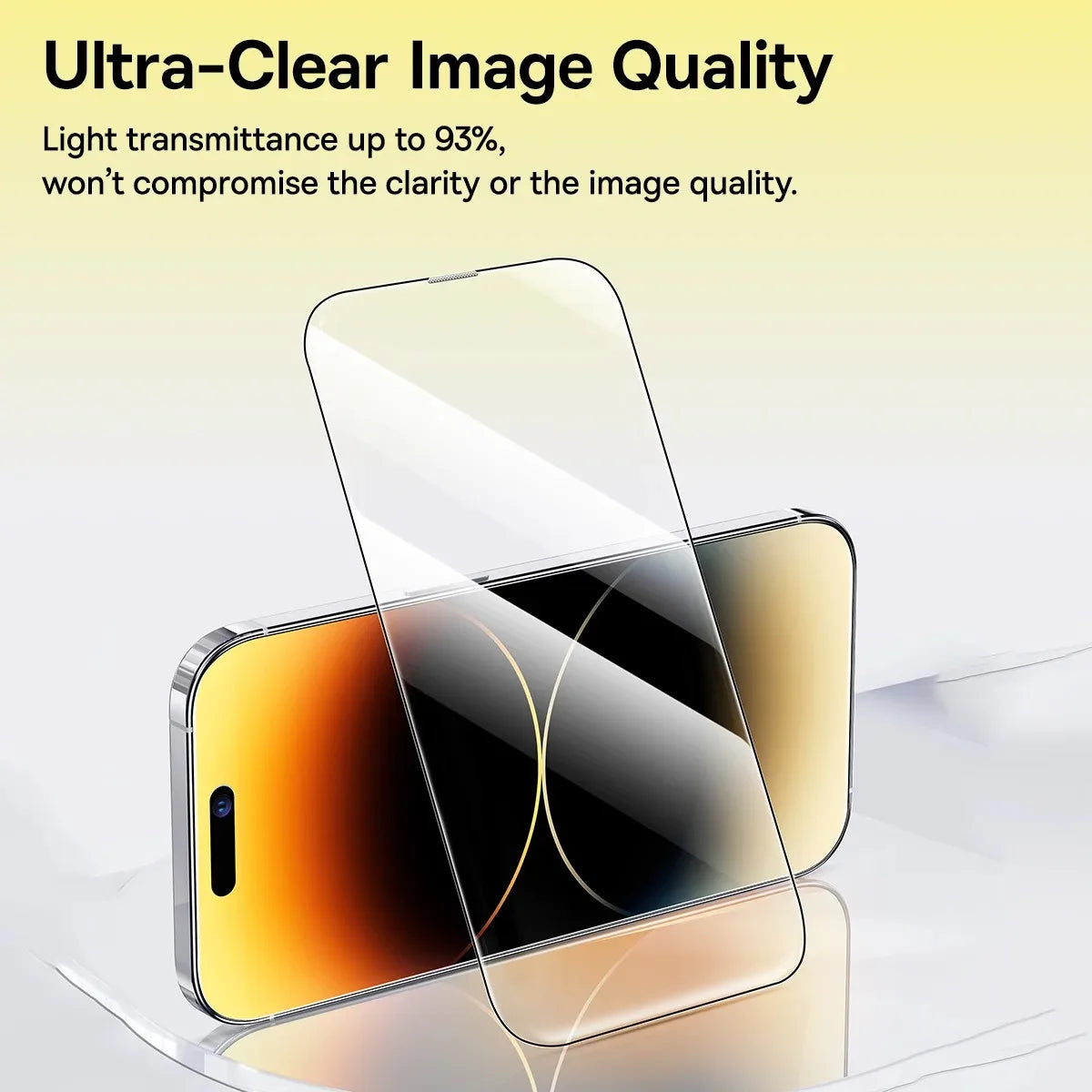 Tempered glass screen protector for a smartphone showcasing ultra-clear image quality and high light transmittance, emphasizing clarity without affecting display vibrancy.