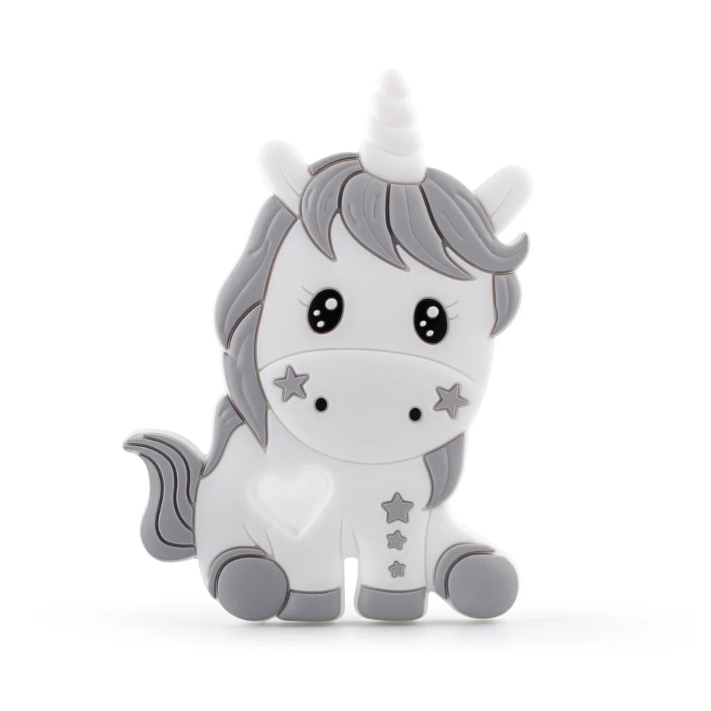 Cute gray and white unicorn toy with stars on cheeks and body, featuring a heart on its side, big eyes, and a spiraled horn, against a white background.
