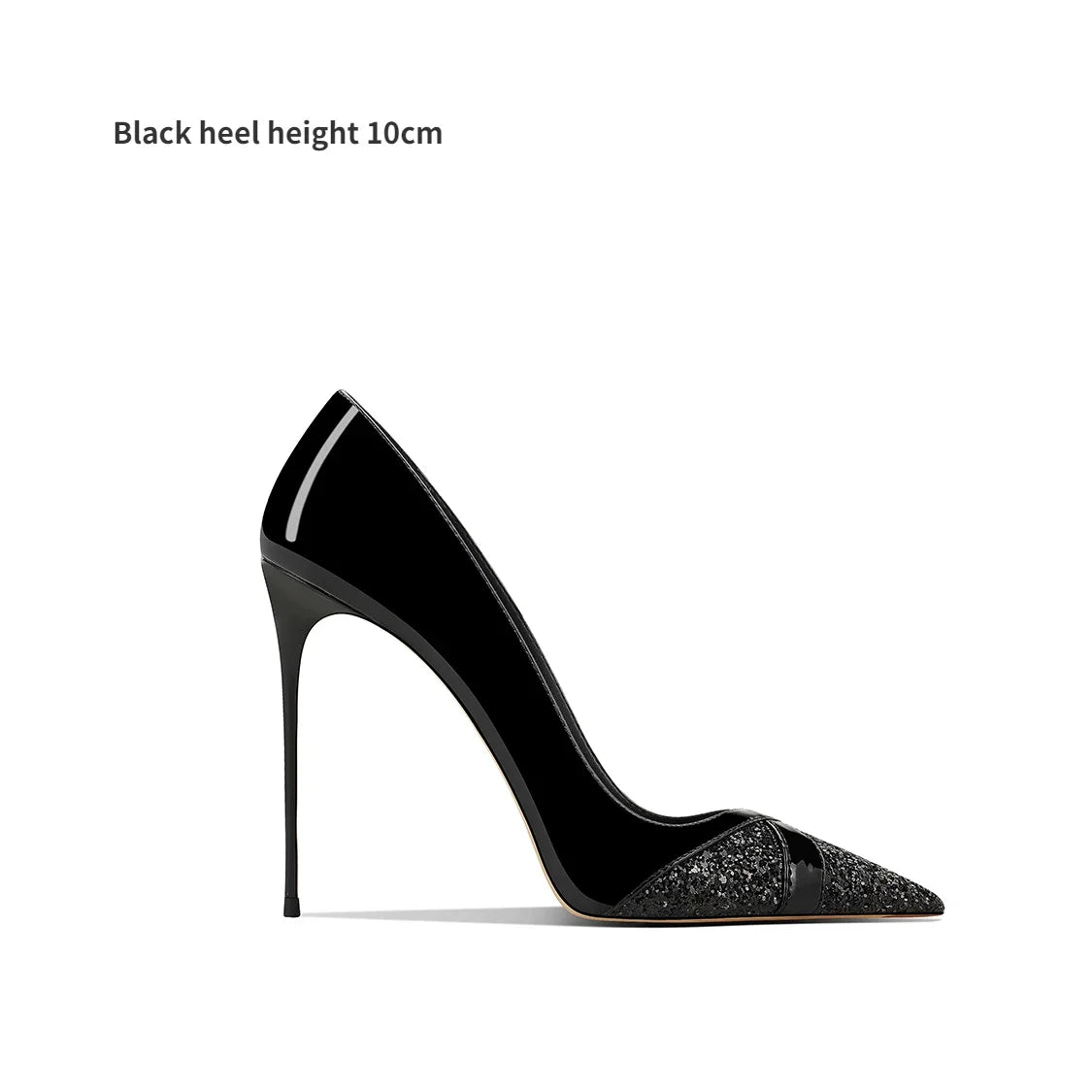 Elegant black stiletto heel, 10cm high, featuring a glossy finish and glittering textured toe, set against a white background with dimensions noted above.