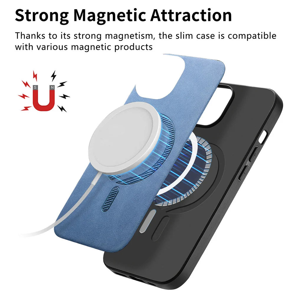 Phone case with strong magnetic attraction, showing compatibility with magnetic products. Includes a blue and black case and a magnetic charging pad. Text highlights magnetism benefits.