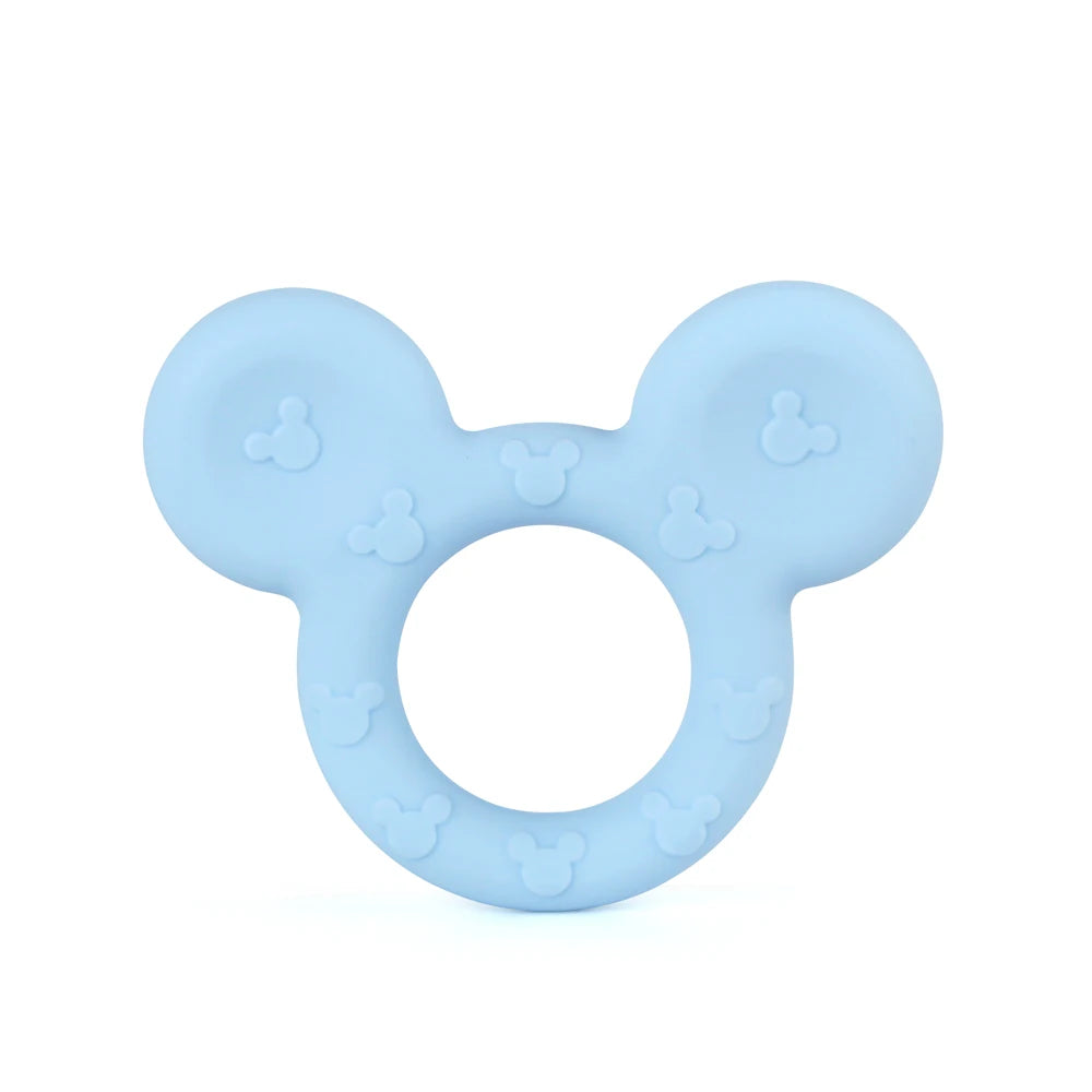 Blue silicone teether shaped like mouse ears with small embossed patterns.