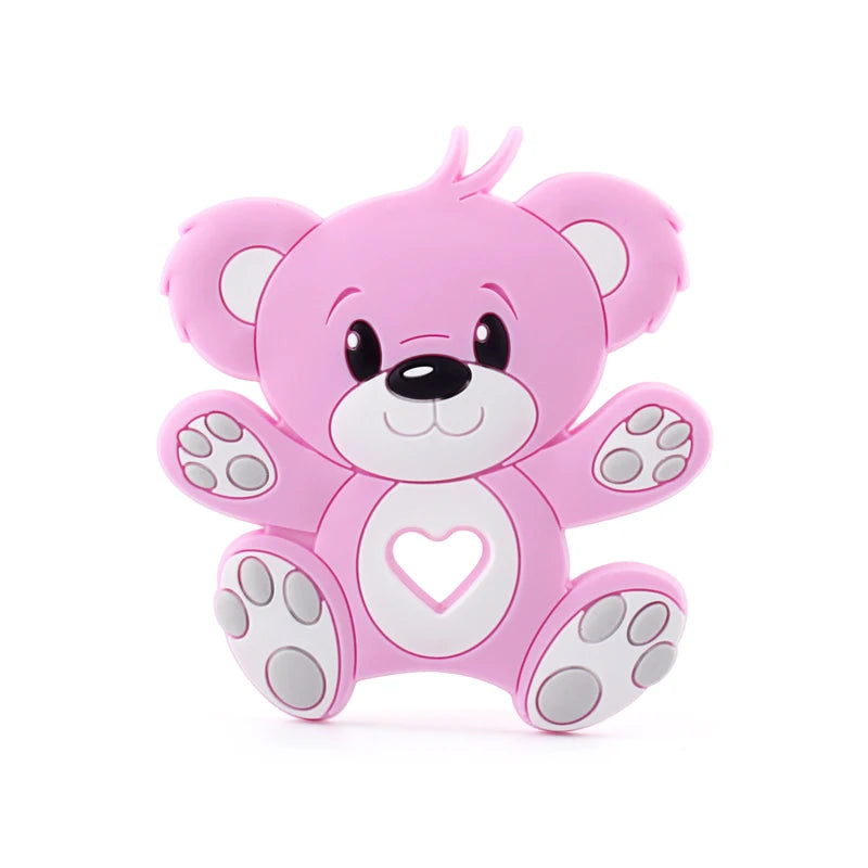A cute pink cartoon teddy bear with a heart-shaped cutout on its belly and gray paw prints on its feet, smiling cheerfully against a white background.