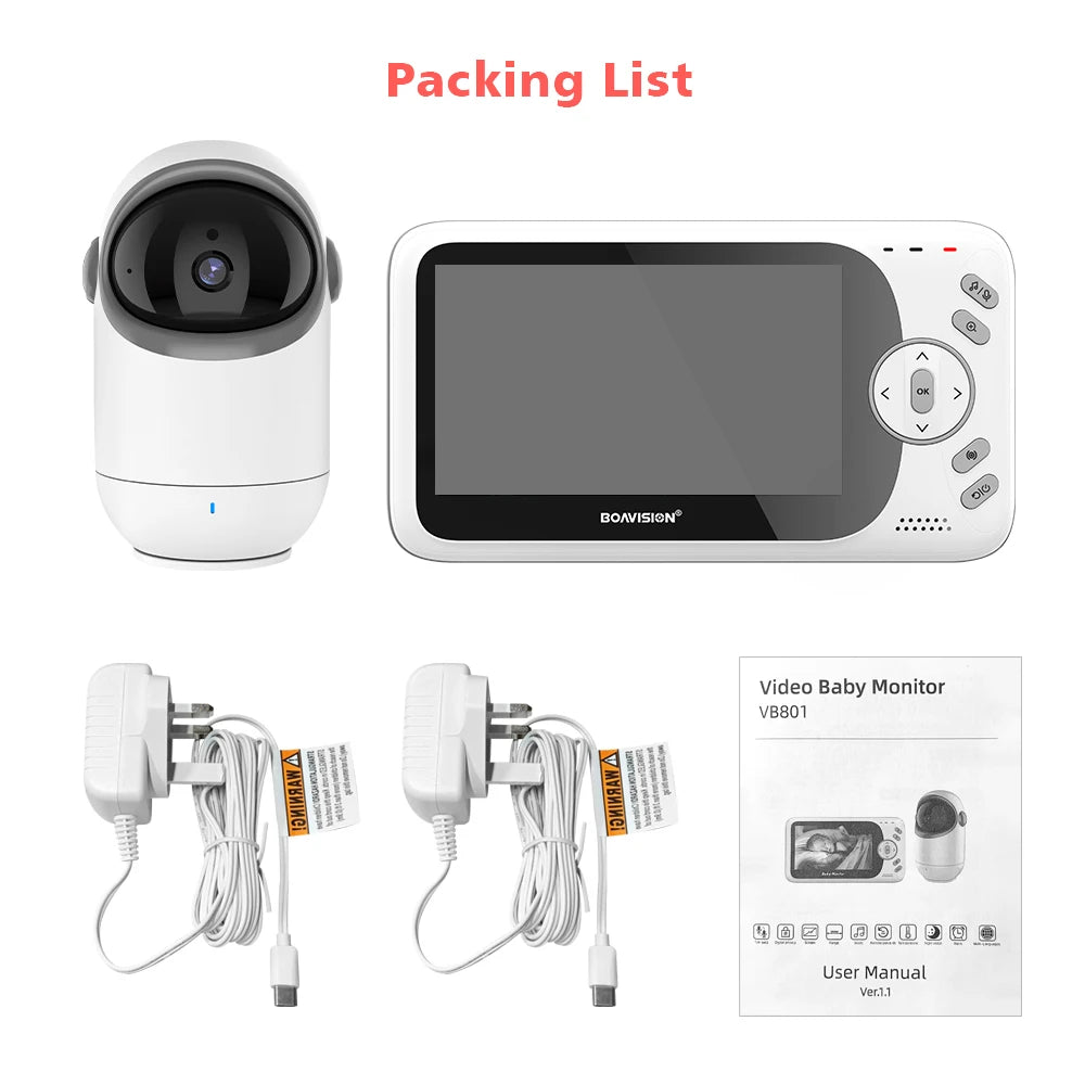 Video baby monitor packing list showing a camera, monitor, two power adapters, and user manual. The camera and monitor are labeled with the brand name "BOAVISION."