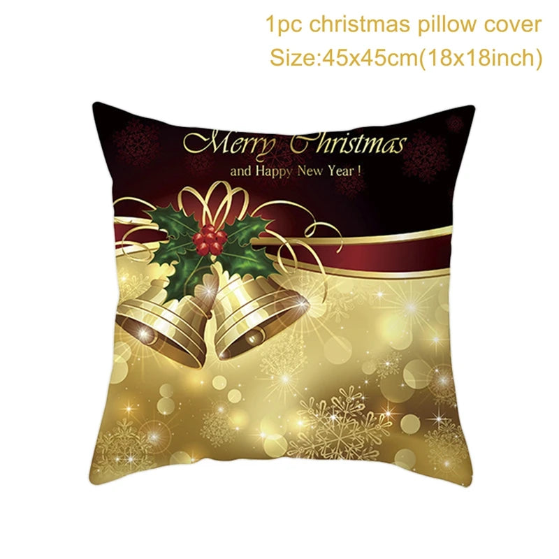 Christmas pillow cover with golden bells, holly, and snowflakes on a festive background. Text reads "Merry Christmas and Happy New Year!" Size: 45x45 cm (18x18 inch).