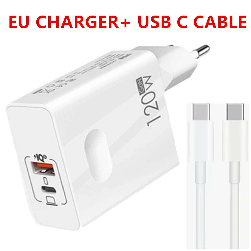 120W EU wall charger with USB-C and USB-A ports, includes USB-C cable. White color. Accompanied by red text: "EU CHARGER+ USB C CABLE" in bold.