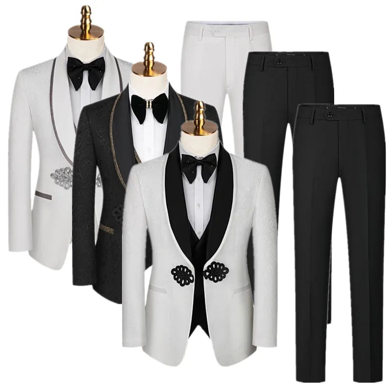 Three elegant tuxedos in white and black displayed on mannequins, each with unique detailing and paired with black bow ties. Two pairs of black pants are shown beside them.