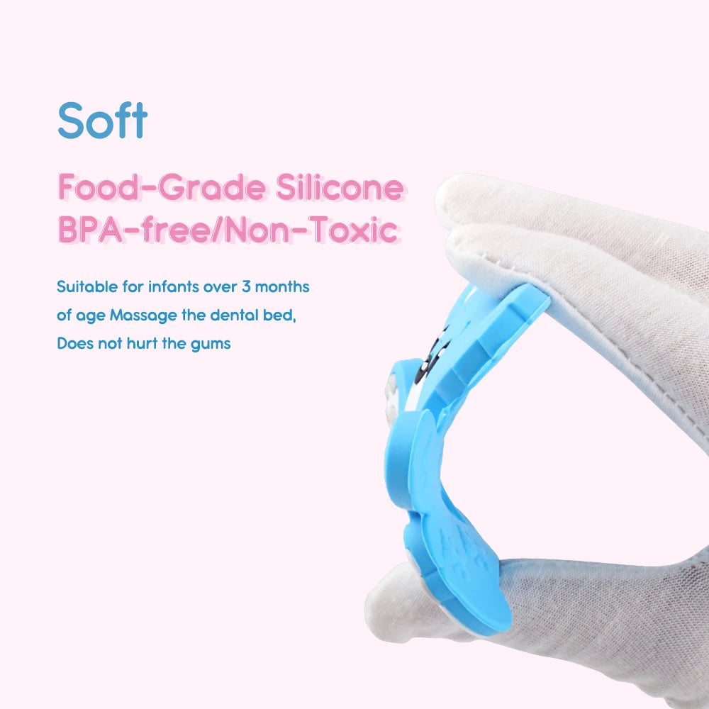 Gloved hand holding a soft, blue, food-grade silicone teether labeled BPA-free and non-toxic. Text details suitability for infants over 3 months, massages gums gently.
