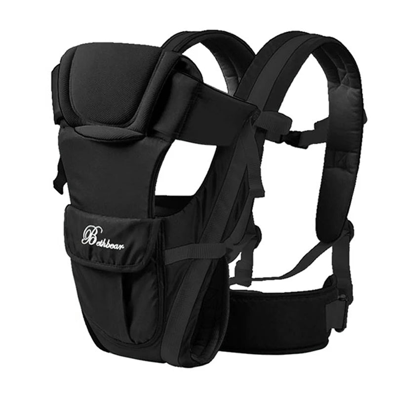 Black baby carrier with padded straps and a supportive seat. The design features adjustable buckles and a lower back support belt, offering comfortable carrying for parents and babies.