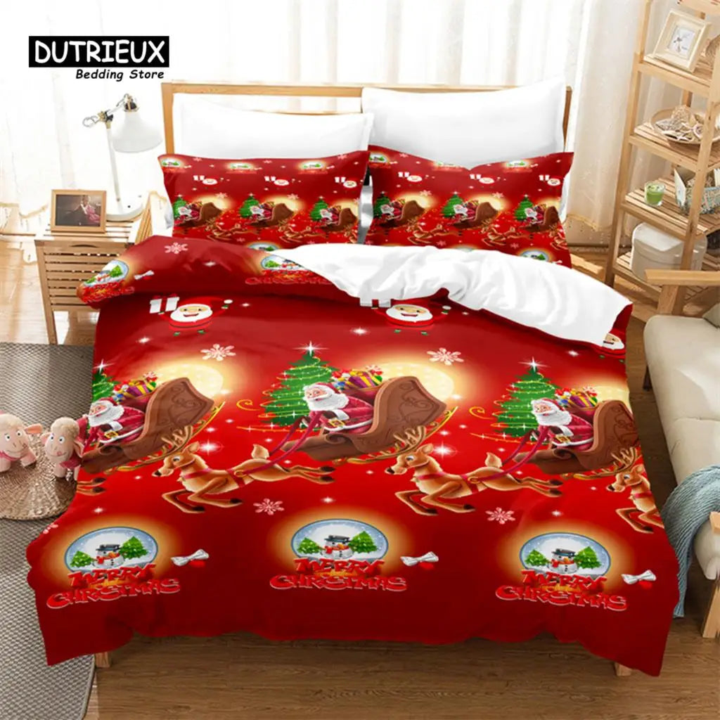 Festive Christmas-themed bedding set with Santa, reindeer, and Christmas trees on a red background. The design also features snowflakes and "Merry Christmas" text.