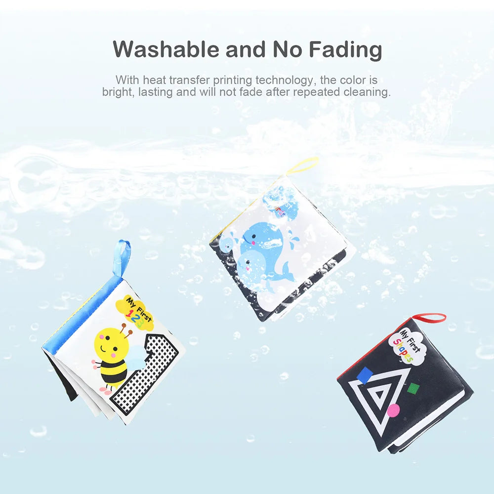 Three waterproof, colorful baby books with animal and shape designs float in water. The text above reads "Washable and No Fading" with a description below.