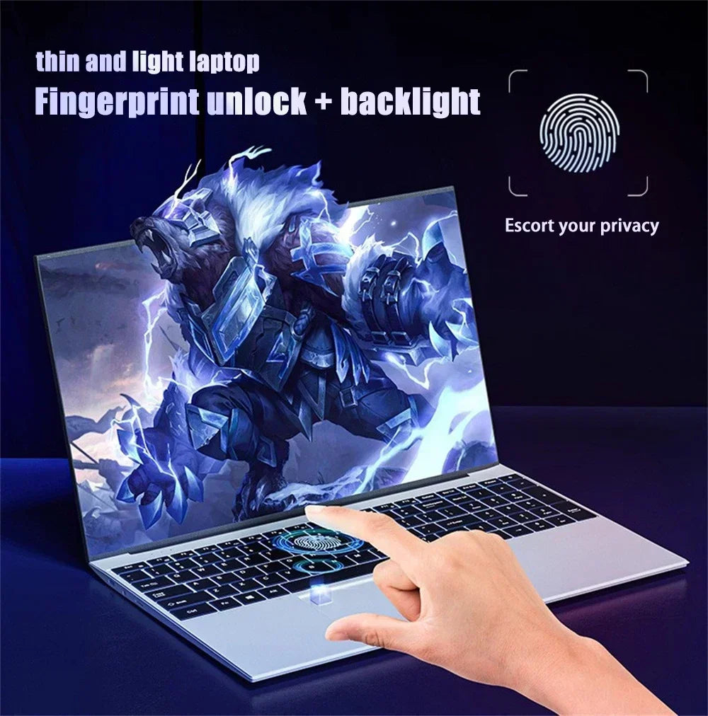 Laptop with fantasy game art, featuring a fingerprint unlock on the touchpad. Text reads "thin and light laptop, Fingerprint unlock + backlight, Escort your privacy."