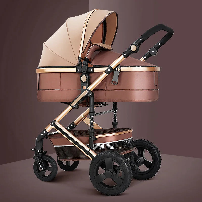 A sleek brown and beige baby stroller with a sturdy frame, adjustable canopy, and black wheels. The design includes a lower storage basket and cushioned interior, set against a brown backdrop.