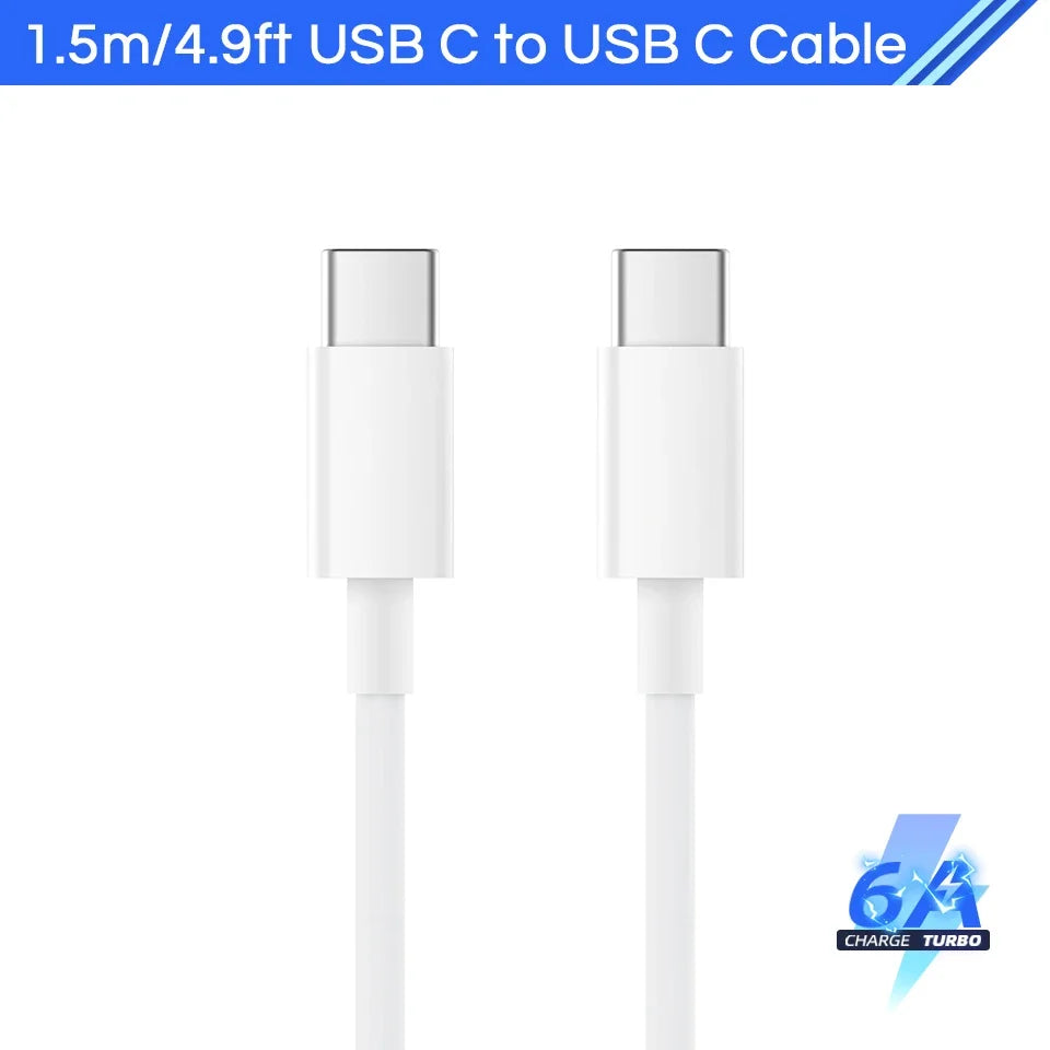 White 1.5m (4.9ft) USB-C to USB-C cable with silver connectors. Blue "6× Charge Turbo" logo in the lower right corner.