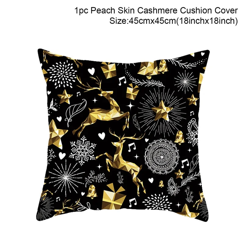 Cushion cover with gold geometric reindeer, stars, and snowflakes on black. Includes white musical notes and decorative patterns. Size: 45cm x 45cm (18inch x 18inch).