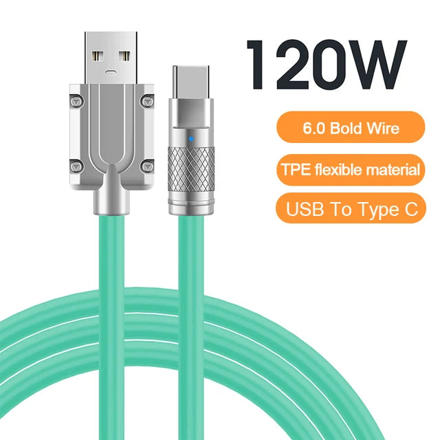 Turquoise USB to Type-C cable with 120W power rating. Features 6.0 Bold Wire and TPE flexible material. USB and Type-C connectors are displayed side by side.