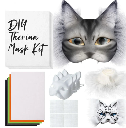 DIY Therian Mask Kit with a cat-themed mask, faux fur, blank masks, colored paper, and decorative mesh, all shown laid out.