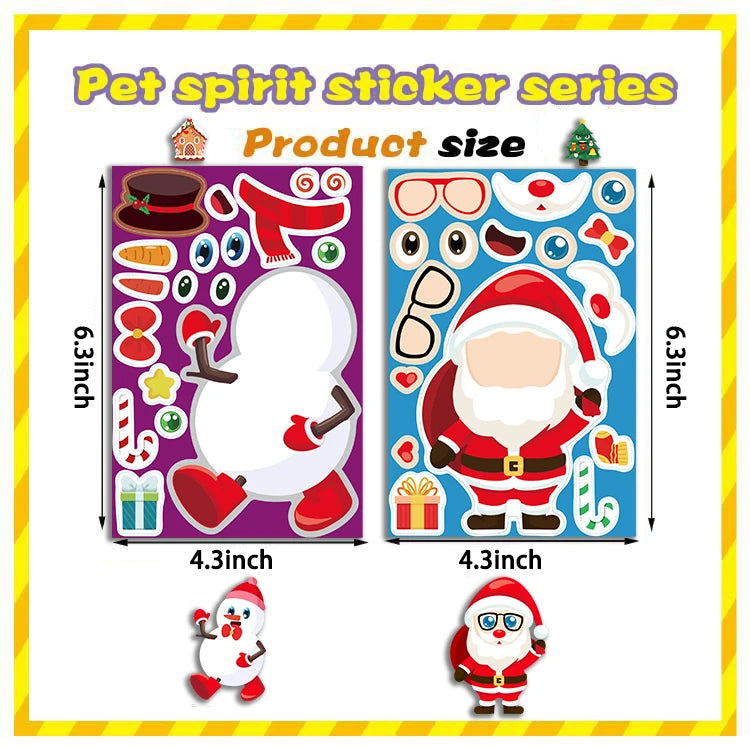 Stickers of a snowman and Santa Claus with separate accessory pieces like hats, eyes, and gifts. Each sheet measures 6.3 by 4.3 inches, part of the “Pet spirit sticker series.”