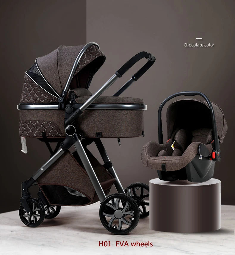 Chocolate brown stroller with EVA wheels and a matching detachable car seat. The stroller features a stylish canopy design and sits on a marble surface.
