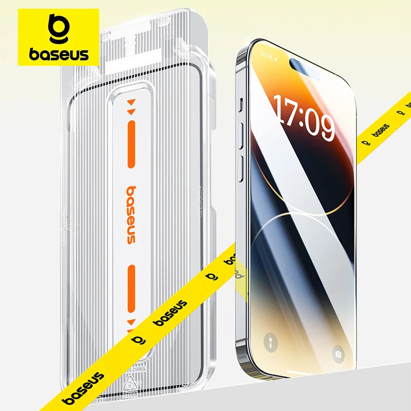 Clear phone case showcasing Baseus branding, with a sleek, reflective smartphone displaying the time 17:09. A yellow Baseus ribbon is prominently featured diagonally.