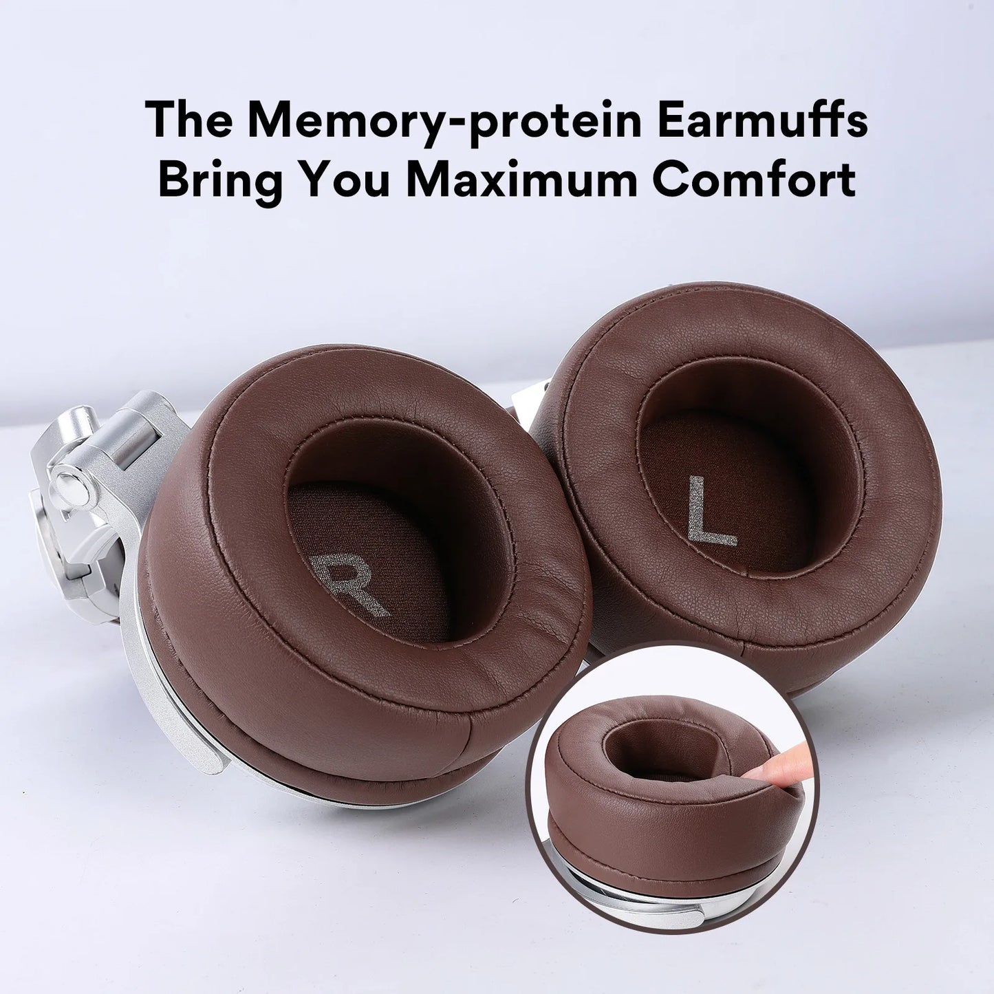 Brown memory-protein earmuffs labeled 'R' and 'L' offer maximum comfort. A close-up shows cushioning flexibility. Text above reads, "The Memory-protein Earmuffs Bring You Maximum Comfort."