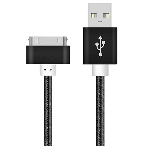 Black USB to 30-pin charging cable featuring braided design. One end has a USB connector, and the other has a wider, older Apple 30-pin connector for iPods or older iPhones/iPads.