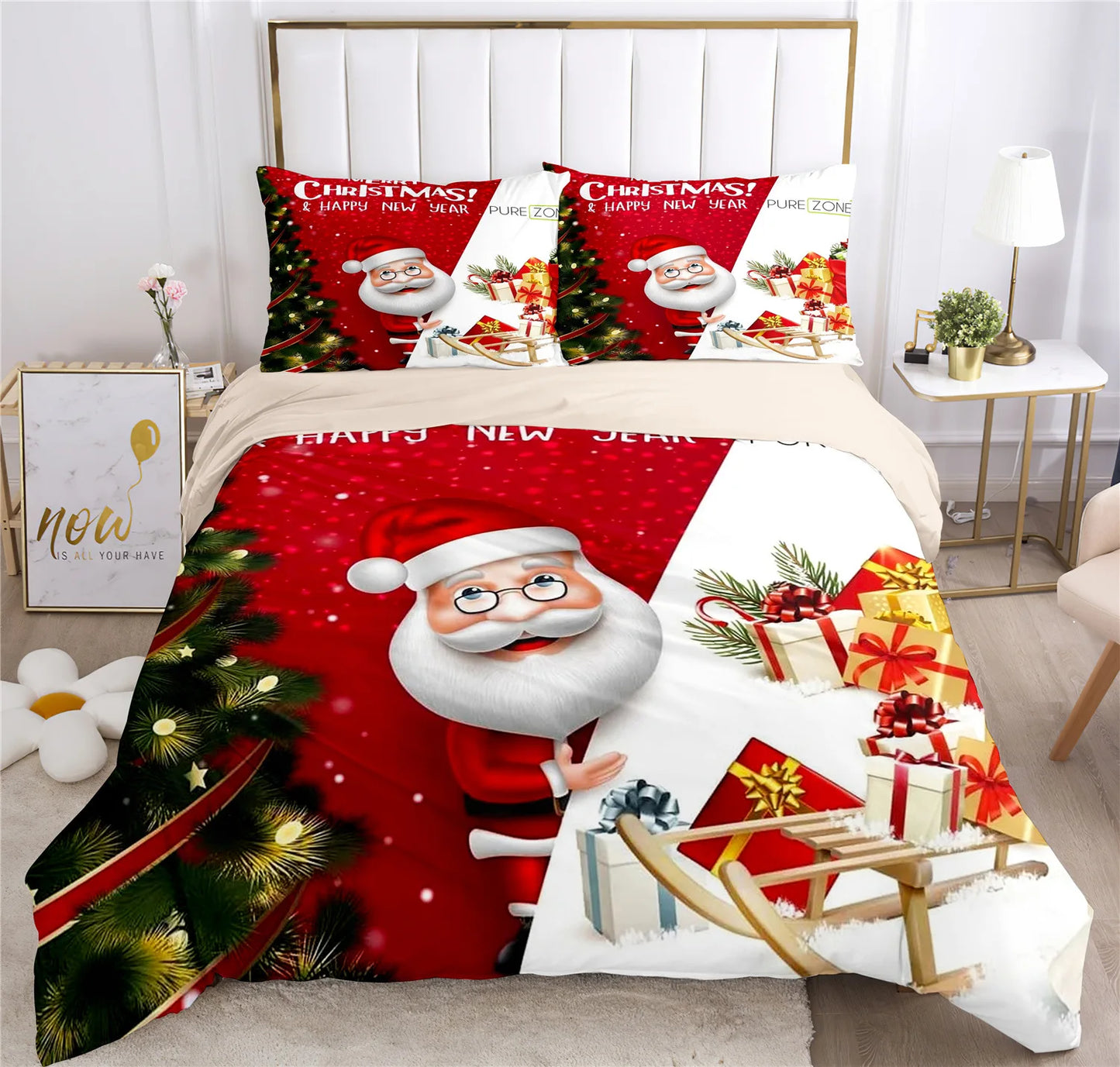 Festive bedding with Santa Claus, gift boxes, and a sleigh design. The colors are red, white, and green, creating a cheerful Christmas and New Year theme in a cozy bedroom setting.