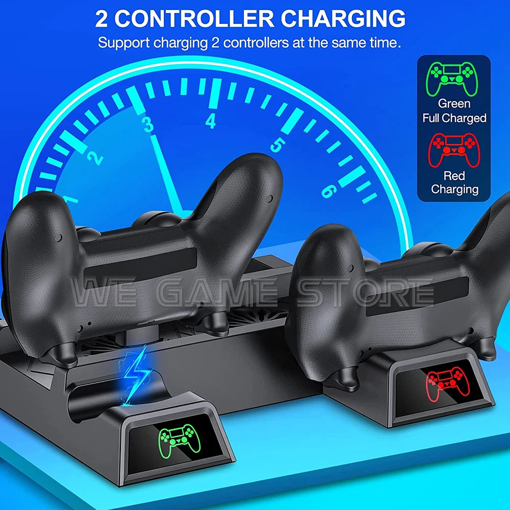Dual controller charging station with green and red indicator lights for charging status. A speedometer graphic in the background emphasizes quick charging capability.