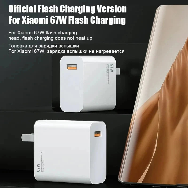 Xiaomi 67W flash charging adapter shown with a phone. The white adapter includes heat-resistant technology, with text highlighting its quick charging and no overheating features.