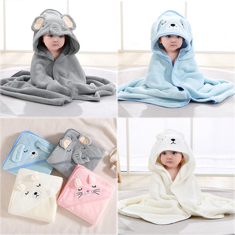 Babies wrapped in cozy hooded towels with animal designs; one in gray with mouse ears, blue with a bear face, and white with a bear hood. Below, four folded towels in various colors.