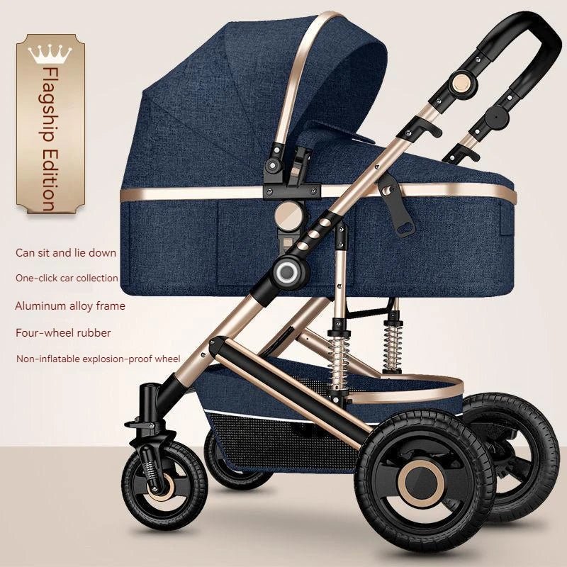 Navy blue stroller with aluminum alloy frame and non-inflatable rubber wheels. Features include reclining seat, one-click folding, and explosion-proof design. Labeled "Flagship Edition."