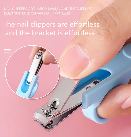 Close-up of a hand holding blue-handled nail clippers against a pink background. A zoomed inset shows the clippers' details. Text promotes their effortless design and support.