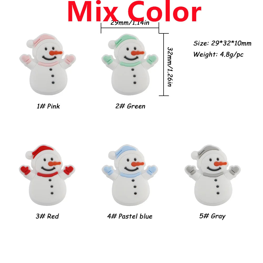 Five snowman figures with colored hats and gloves: pink, green, red, pastel blue, and gray. Each measures 29x32x10mm and weighs 4.8g. Labeled "Mix Color."