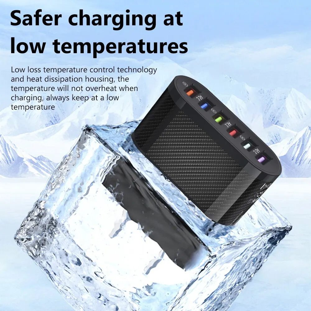 Charging device on ice promotes safe low-temperature charging. Text highlights temperature control and heat dissipation features, ensuring devices stay cool.