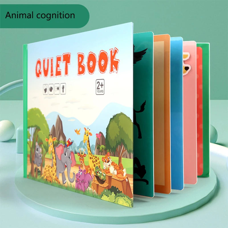 Children's "Quiet Book" for ages 2+, featuring colorful animal illustrations. The cover shows a jungle scene with elephants, giraffes, and more, encouraging animal cognition.