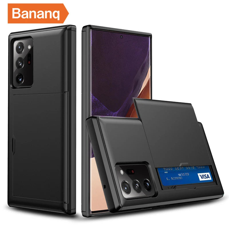 Black phone case by Bananq with a sliding compartment revealing a blue Visa card. Shows both front and back views of the phone, highlighting the camera and card holder features.