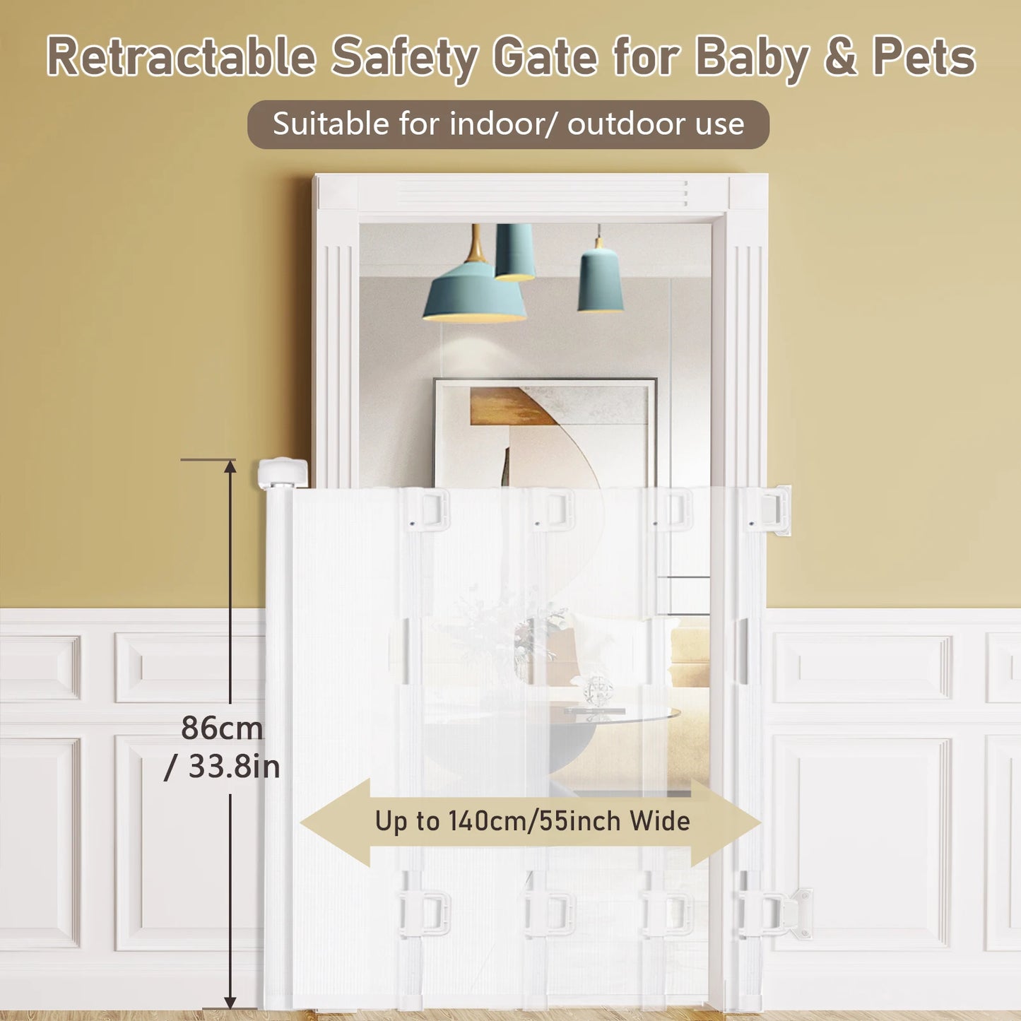 Retractable safety gate for baby and pets, suitable for indoor/outdoor use. Measures 86cm/33.8in tall and expands up to 140cm/55in wide. Shown between white door frames.