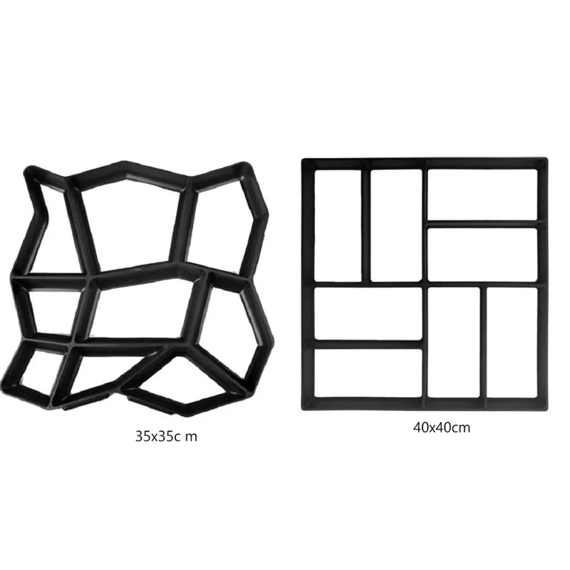 Two black paving molds: one with irregular geometric shapes measuring 35x35 cm, and another with rectangular sections measuring 40x40 cm, displayed on a white background.