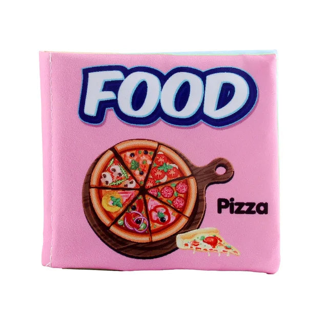 Pink book cover with the word "FOOD" at the top. Below, a pizza on a wooden board and a slice of pizza. The word "Pizza" is on the right.