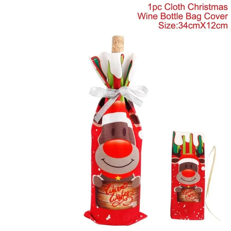 Red Christmas wine bottle cover featuring a smiling reindeer print, tied with silver ribbon. Text reads: "1pc Cloth Christmas Wine Bottle Bag Cover, Size: 34cm X 12cm."