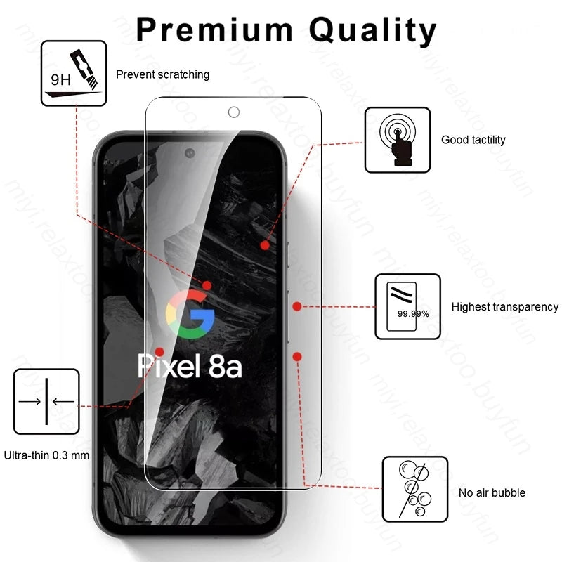 Screen protector for Pixel 8a, highlighting features: 9H hardness for scratch prevention, good tactility, 99.99% transparency, 0.3mm thin, and no air bubbles.
