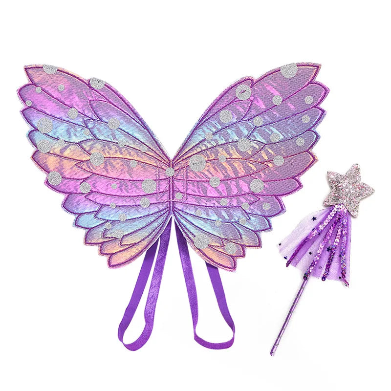 Colorful iridescent butterfly wings with silver dots and purple straps, alongside a glittery star wand with purple ribbons and silver accents.