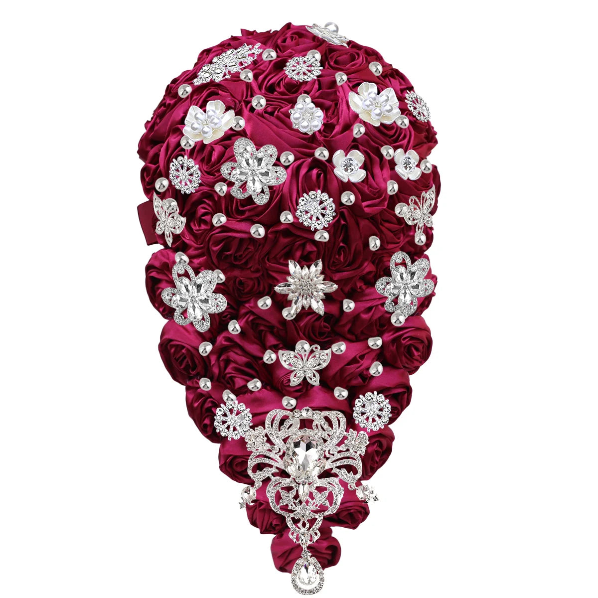 Luxurious bouquet with deep red fabric roses adorned with intricate silver and crystal floral brooches, creating an elegant, vintage-inspired design.
