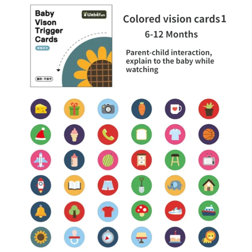 Baby Vision Trigger Cards for 6-12 months, featuring colorful round icons like cheese, gifts, and cameras. Encourages parent-child interaction and explanation.