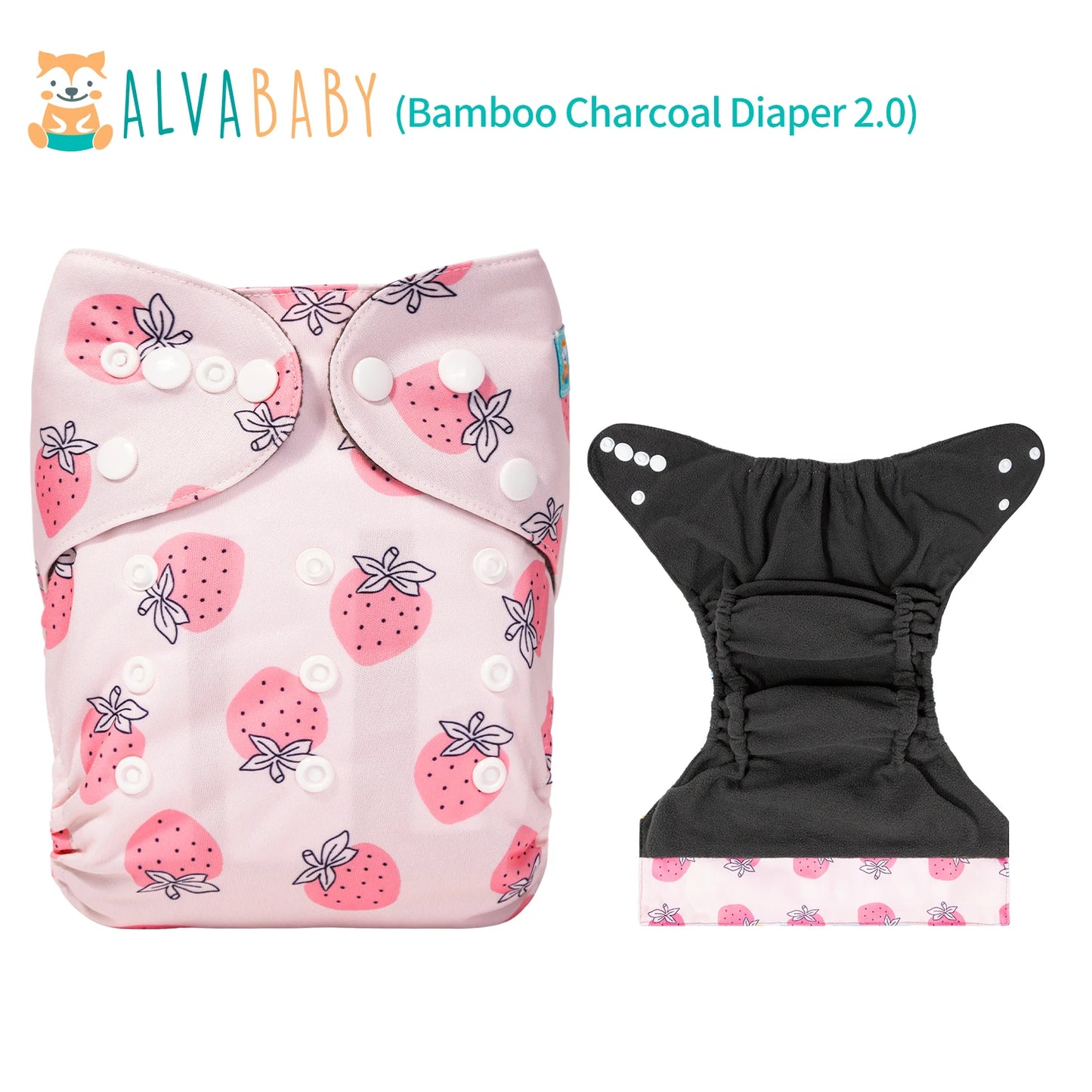 Pink cloth diaper with strawberry print on the left and an open black inner layer on the right. Text at the top reads "ALVABABY Bamboo Charcoal Diaper 2.0."