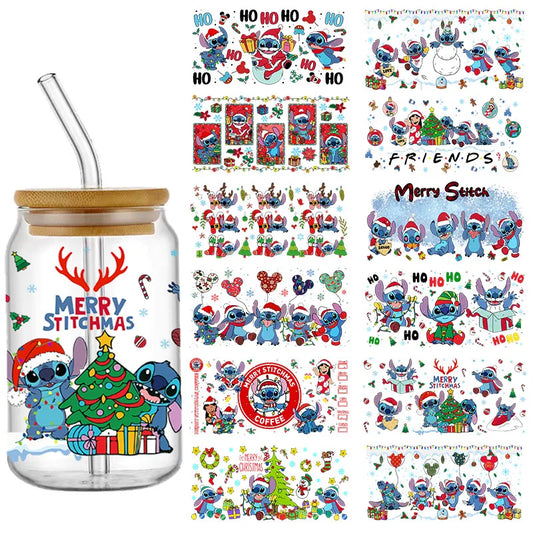 Festive collection featuring a glass jar with "Merry Stitchmas" and colorful Christmas-themed designs with cartoon creatures in Santa hats, snowflakes, and gifts.