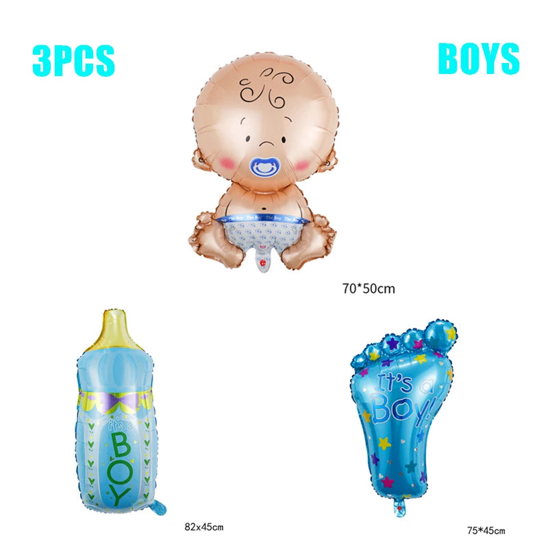 Three blue-themed balloons: a baby with a pacifier (70x50cm), a baby bottle (82x45cm) labeled "It's a Boy," and a foot-shaped balloon (75x45cm) with stars.