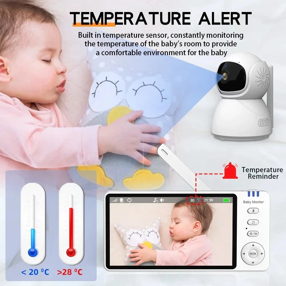 Baby monitor display shows a sleeping child with an owl pillow. Temperature alert system monitors room temperature below 20°C or above 28°C for a safe, comfortable environment.