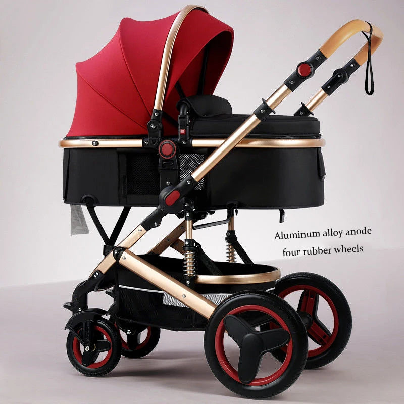 Red and black baby stroller with a gold aluminum frame, featuring four rubber wheels. The stroller includes a covered bassinet and ergonomic handles for easy maneuverability.