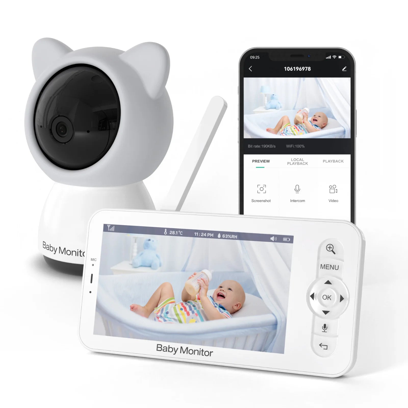 Cute baby monitor set with a cat-ear camera, a smartphone app showing live video feed of a baby drinking from a bottle, and a portable monitor displaying the same image.